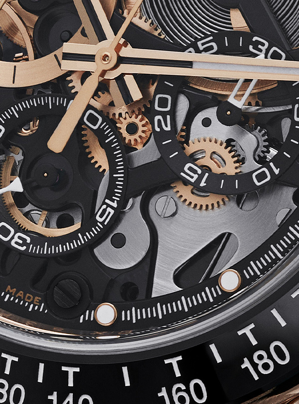 The Barrichello Gold Challenge skeleton dial