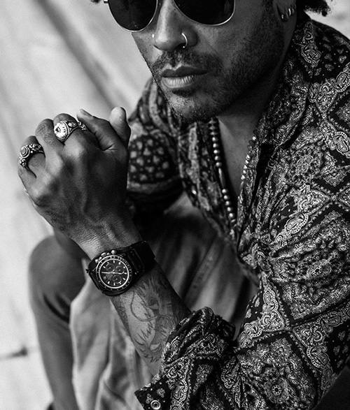 Portrait de Lenny Kravitz avec la montre LK01