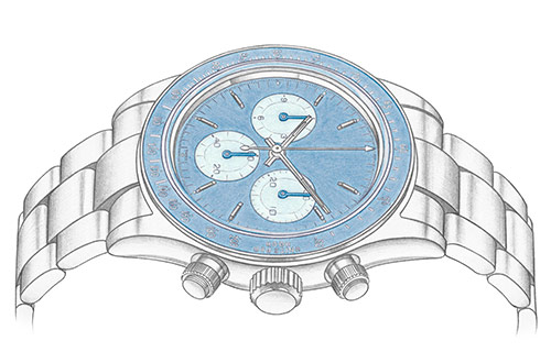 Drawing in white and blue of a watch dial